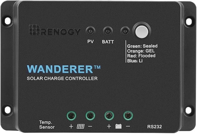 Renogy 12V 30A PWM Solar Charge Controller – Wanderer Li Charge Controllers for Solar Panels 4-Stage Charging for Lithium/Gel/Flooded Batteries, Overload/Short Circuit/Reverse Polarity Protection