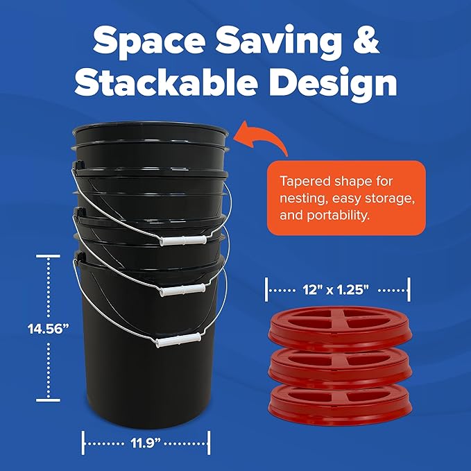 ePackageSupply 5 Gallon Bucket - Food Grade Bucket with Airtight Gamma Seal Screw-On Lid, BPA-Free, Heavy-Duty 90 Mil HDPE Plastic, Bulk Storage, Durable Container, Made in USA, Black/Red, 6 Packs