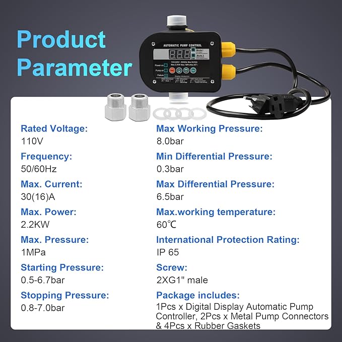 Smart Pump Controller with 2 Metal Pump Connector, BSPP G1 Threaded Interface, 2 Modes Digital Display, Adjustable Pressure, High Power, for Home, Garden, Industrial Use