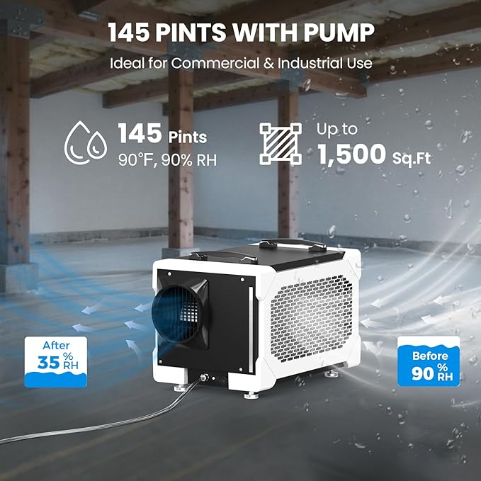CADPXS Crawlspace Dehumidifier with Pump and Drain Hose, 145 Pints Commercial-Grade Dehumidifier for Crawl Spaces, Basements, Industrial and Water Damage Use, Large Capacity, 5 Years Limited Warranty