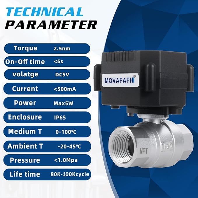 1/2" WiFi Motorized Ball Valve - Smart Water Timer Automatic Shutoff Sensor,5V DC USB Connection,Stainless Steel