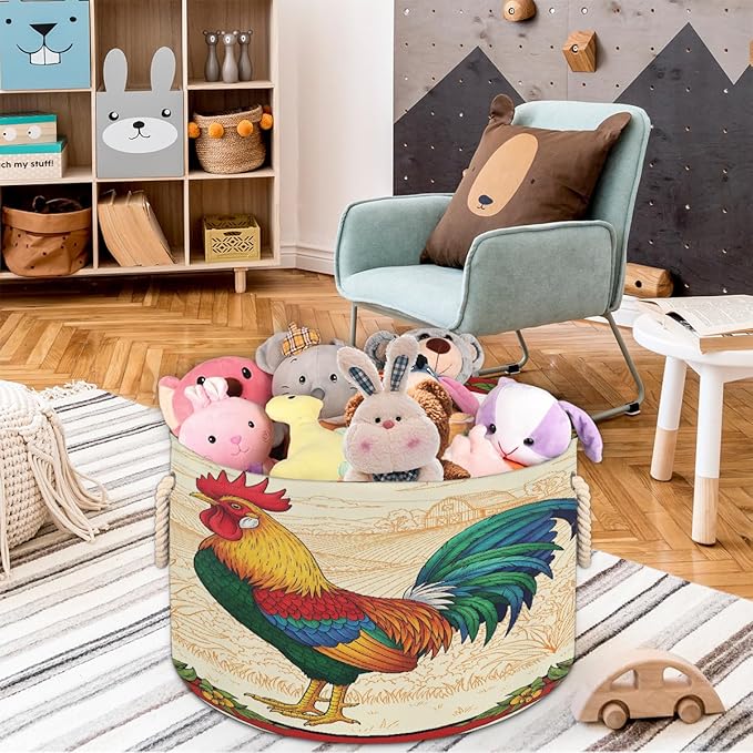 Large Storage Baskets - Rooster Farm Nursery Round Collapsible Organizer Bin Box, Laundry Hamper for Kids Toys, Blanket, Bedroom Living Room Home Decor, Gift Basket, 19.4"x13.3"