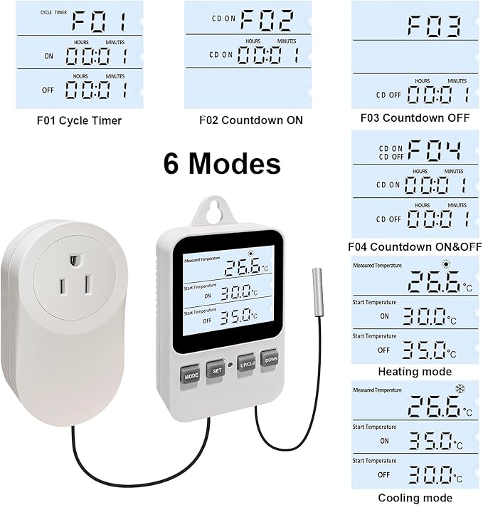 Temperature Controller Heating Cooling Mode Digital Thermostat 120V 15A Plug in Thermostat Controlled Outlet for Reptile Greenhouses Seedling Mat Incubation Terrarium