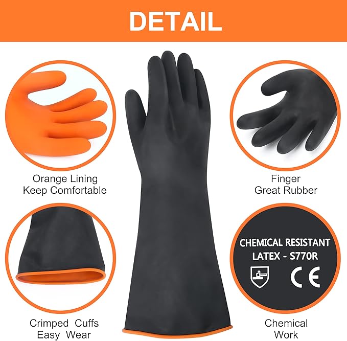 18" XL Size Latex Chemical Resistant Gloves, Reusable Heavy Duty Long Rubber Glove Dishwashing Gloves, Industrial Safety Glove for Men, Forearm Protection Waterproof Resist Strong Acid, Alkali, Oil'