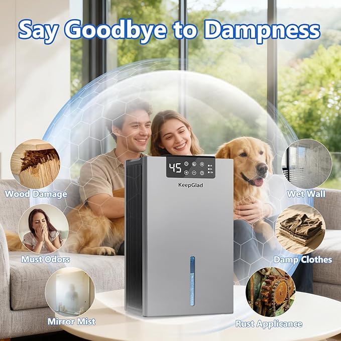 KeepGlad Dehumidifier, 98OZ Dehumidifiers for Home(1000sq.ft), Humidity Display Dehumidifier for Basement Bathroom Bedroom, Auto Shut Off, Washable Filter, Drain Hose, Timer, 7 Ambient Lights, Gray