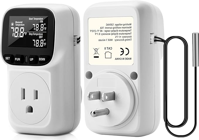 Diymore Digital Plug in Thermostat Outlet Temperature Controller Electric Digital Thermostat Heating Cooling Mode Timer Socket 120V Heating Cooling Control 110V 15A Celsius Fahrenheit Display, White