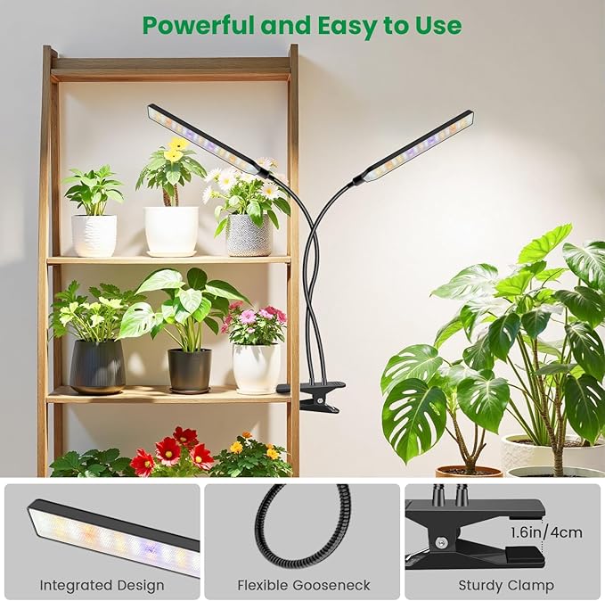 Aumtrly Grow Lights for Indoor Plants, 2 Head 114 LED Full Spectrum Clip on Plant Lights for Indoor Growing with 6/12/16H Timer, 5 Dimming, 3 Light Mode, Black Gooseneck Grow Lamp