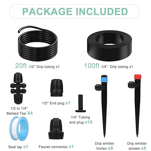 Drip Irrigation System, 120ft Garden Watering System with Quick-to-Connect Fittings, Drip Irrigation Kit with 1/2 in Hose 1/4 in Distribution Tubing for Garden, Greenhouse, Flower Bed, Lawn