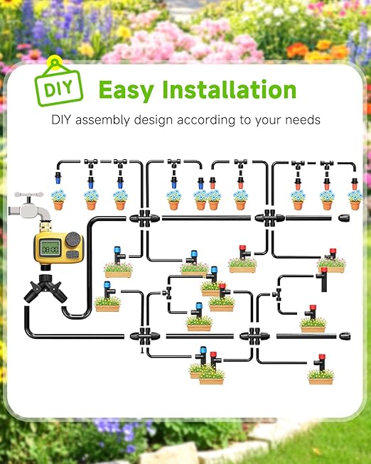 246FT Drip Irrigation System with LCD Timer, Automatic Watering System Kits,1/2 Inch Hose 1/4 Inch Distribution Tubing 3 Sprayer Types, for Garden, Greenhouse, Garden, Lawn