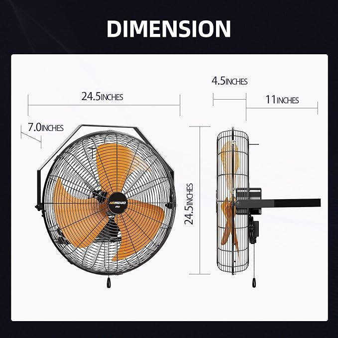 Pro Serie 20 Inch Industrial Wall Mount Fan, 5850 CFM High Velocity Metal Wall Fan, 3 Speed, Adjustable Tilt, Commercial Use for Garage, Gym, Patio, Workshop, Basement, Greenhouse, UL Listed