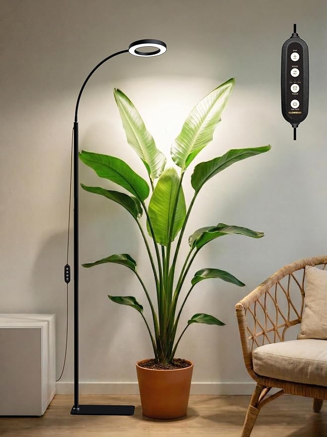 GLOWRIUM Grow Lights for Indoor Plants,20W Full Spectrum LED Plant Light with Stand,Adjustable Height,3/9/12H Timer,6 Dimmable Levels & 3 Lighting Modes (Black-Single Head)