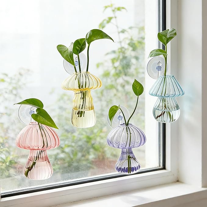 Bunmery Window Propagation Stations, 4 pcs Colored Mushroom Plant Propagation Station with Suction Cups, Easy to Install Window Hanging Planer, Indoor No Nails Glass Vase Terrarium for Plants&Flowers