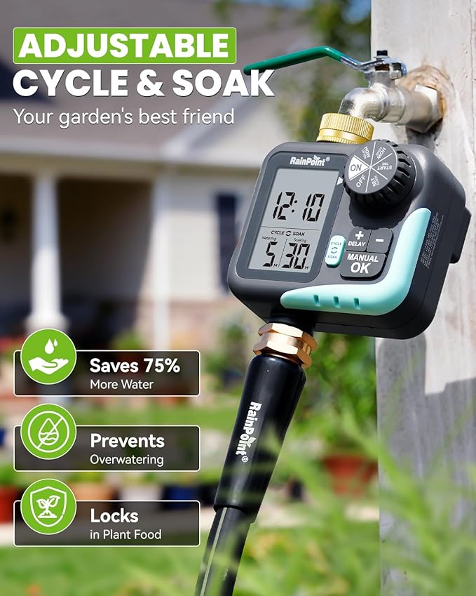 RAINPOINT Sprinkler Timer for Garden Hose - Hose Timer with Cycle & Soak/Rain Delay/Automatic Watering/Manual Watering, Programmable Irrigation System with Large Display for Lawn, Yard, Brass Inlet