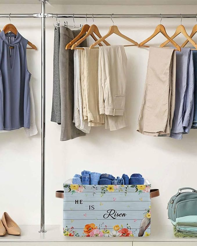 Easter Storage Bins Cubes Waterproof Cloth Storage Basket,Spring Farmhouse Bunny Flower Blue Wood Grain Foldable Storage Bags for Shelf Clothes Storages Organizers with Handles 15x11x9.5 in 2PCS