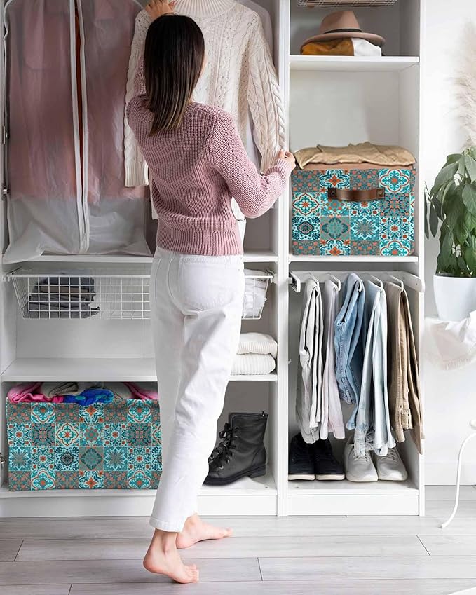 Retro Middle Century Storage Bins Cubes Waterproof Cloth Storage Basket,Rustic Bohemia Style Aztec Blue Foldable Storage Bags for Shelf Clothes Storages Organizers with Handles 15x11x9.5 in 2PCS