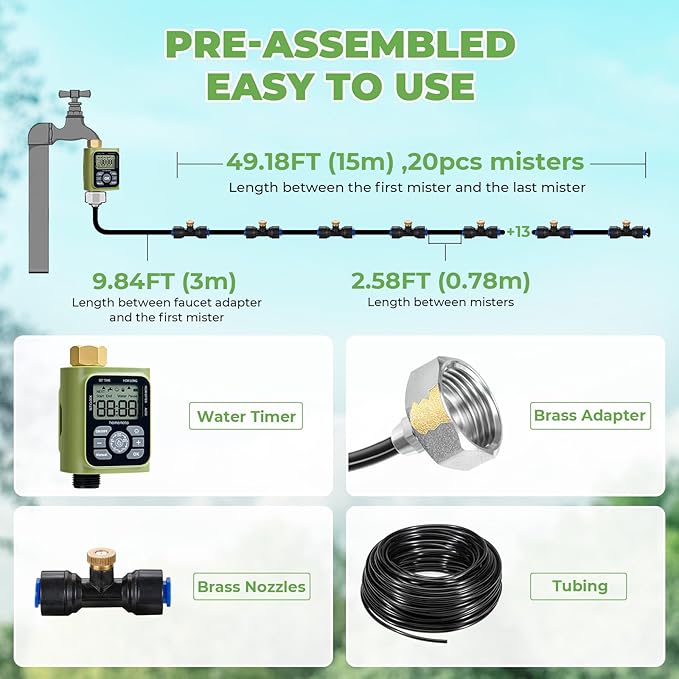 HOMENOTE Misting Cooling System with Timer, 59FT Misting Hose+20 Brass Nozzles+3/4" Brass Adapter+Water Timer with Mist Mode & Irrigation Mode, Outdoor Misters for Patio Cooling and Garden Watering