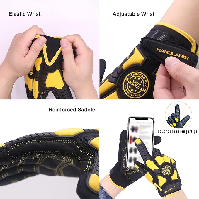 HANDLANDY HLDD Heavy Duty Work Gloves, TPR Protector Impact Gloves, Men Anti Vibration Mechanic Work Glove TouchScreen