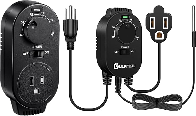 2 Pack Thermostat Outlet for Heater, One Temperature Controller Outlet with 4.9FT Power Cord, Heating and Cooling Thermostat Outlet with Temperature Probe for Space Heater, Greenhouse Fan