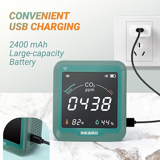 INKBIRD WiFi Air Quality Monitor Indoor Battery Powered | Smart NDIR Sensor and Data Logger | Carbon Dioxide & Temperature & Humidity | for Home, Office, Grow Tent (INK-CO2W)