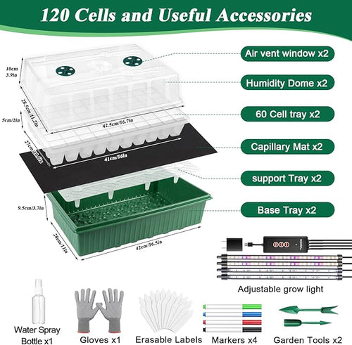 120 Cell Seed Starter Trays Self Watering with LED Grow Light – 2 Pack 60 Cells Seed Starting Kit with Humidity Domes, Tools & Labels for Indoor Gardening