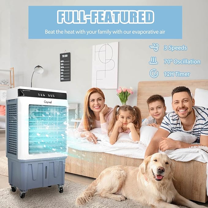 CAYNEL Evaporative Air Cooler, 120W Cooler with 8 Gallon Water Tank, Touch Screen and Remote Control, 12 Hour Timer, 3 Fan Speeds, Outdoor Air Cooler for Yard, Patio, Porch, Factory