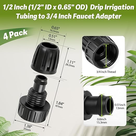 4 Pack 3/4" Garden Hose To 1/2" Irrigation Tubing Adapter, 1/2 Inch Drip Irrigation Tubing To Faucet Garden Hose Adapter 3/4 Inch FHT To 1/2 Inch Supply Line Adapter Fittings