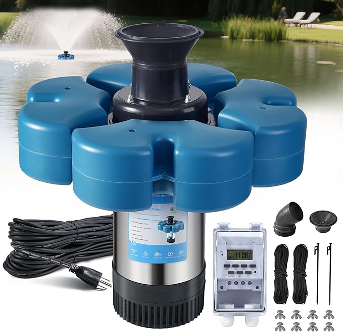 RELIY Pond Fountain Aerator, 15000 GPH 110V 1HP Fountain Pump, Fully Automatic Powerful Lake Floating Fountain, 100 FT Power Cord, 2x100 FT Traction Rope, Pond Fountains For Large Ponds