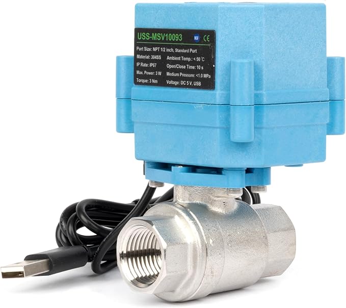 U.S. Solid WiFi Smart Motorized Ball Valve 1/2 inch NPT for Water Control, Irrigation, 2 Way 304SS Electric Valve, USB Powered, Status Indicator, Flow Direction, Remote On/Off Control, NSF Certified