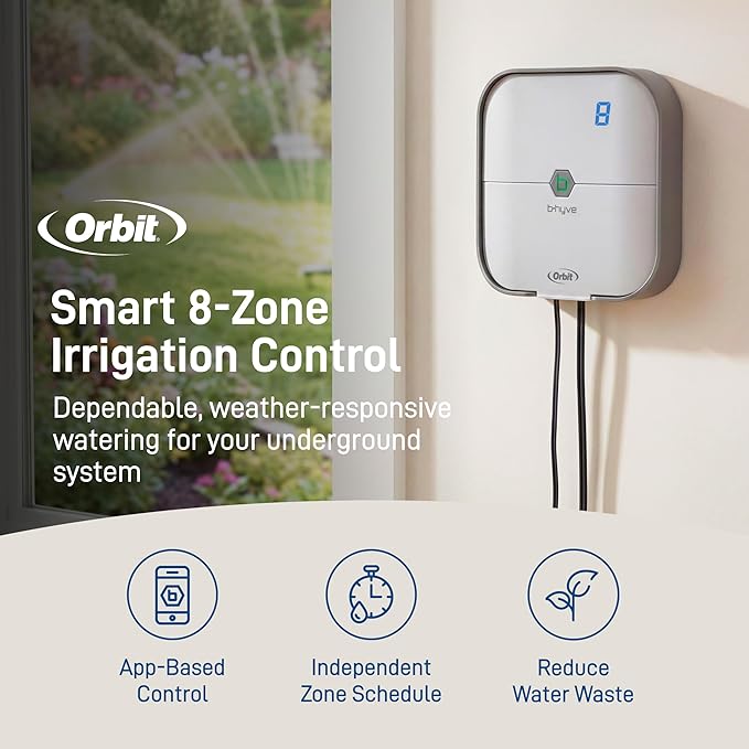 Orbit B-hyve Indoor Smart Sprinkler Controller - 8-Zone - WiFi Irrigation Controller - App Controlled Irrigation with Weather Adjustment - Easy Installation Smart Home Ready Device - 57925