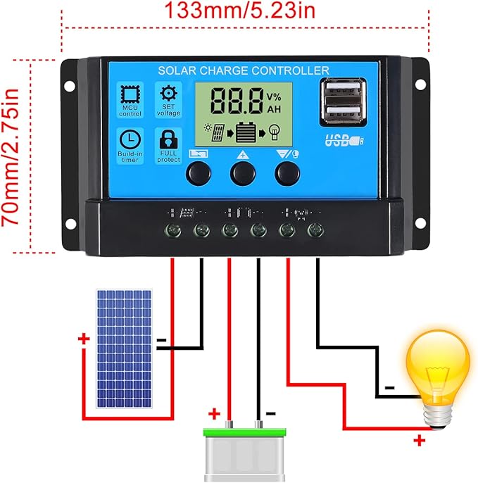 ACEIRMC 2pcs 30A Solar Charge Controller 12V/ 24V Solar Panel Charge Controller Intelligent Regulator with 5V Dual USB Port Display Adjustable Parameter LCD Display and Timer Setting ON/Off Hours