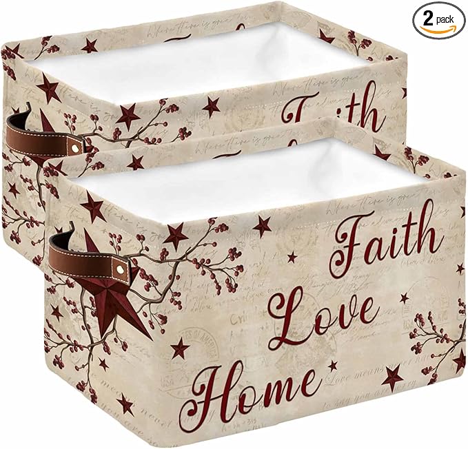 Vintage Country Storage Bins Cubes Waterproof Cloth Storage Basket,Vintage Rustic Texas Stars Plants Branch Foldable Storage Bags for Shelf Clothes Storages Organizers with Handles 15x11x9.5 in 2PCS