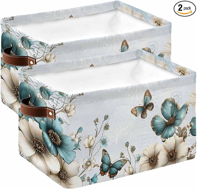 Teal Tulip Butterfly Storage Bins Cubes Waterproof Cloth Storage Basket,Beige Turquoise Floral Blue Coastal Foldable Storage Bags for Shelf Clothes Storages Organizers with Handles 15x11x9.5 in 2PCS