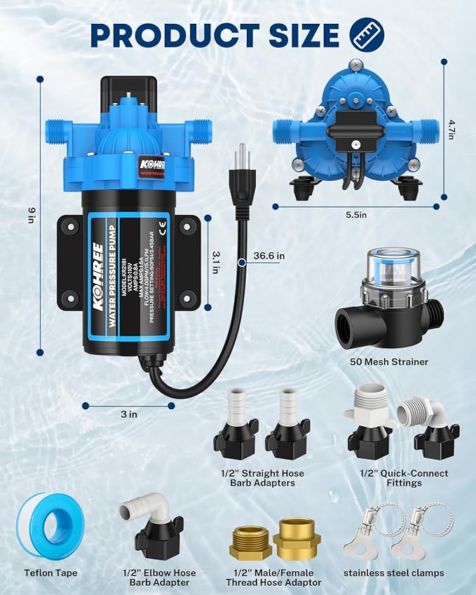Kohree 110V AC Water Pressure Pump, 4 GPM 50 PSI, On Demand Self-priming RV Fresh Water Pump, 3-Chamber Diaphragm Pump with Pressure Switch and Strainer for RV, Marine, Garden, Kitchen, Bathroom