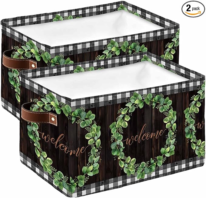 Spring Eucalyptus Leaves Storage Bins Cubes Waterproof Cloth Storage Basket,Farmhouse Botanical Brown Wood Foldable Storage Bags for Shelf Clothes Storages Organizers with Handles 15x11x9.5 in 2PCS