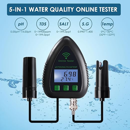 5-in-1 WiFi pH Meter Monitor, Water Quality Tester for pH TDS Salinity S.G Temperature, Tuya Smart APP Remote Monitoring with Alarm & Easy Calibration, for Aquarium Hydroponics