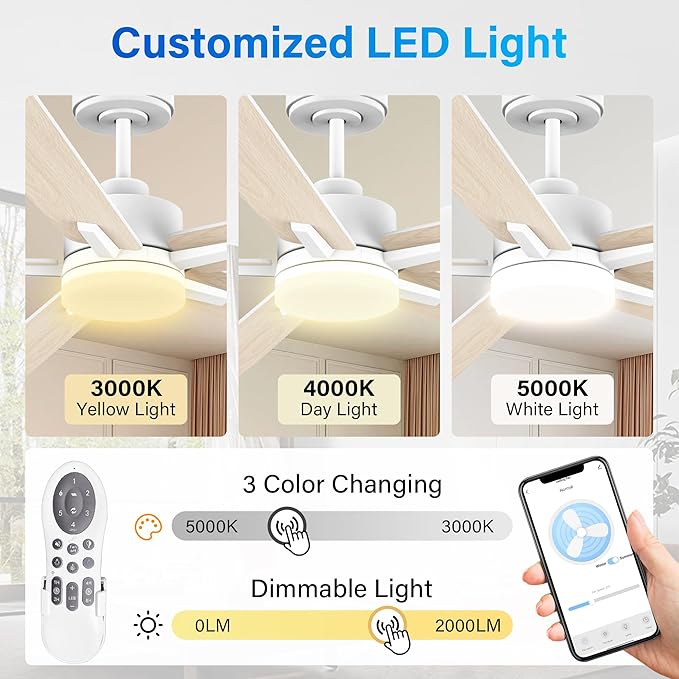 Lorpies 60” Smart Ceiling Fan with Lights Remote,Control via Alexa Google Voice App Wifi,Silent DC Motor,Dimmable,Outdoor Indoor Modern Ceiling Fans for Large Bedroom Patio Porch,White and Wood