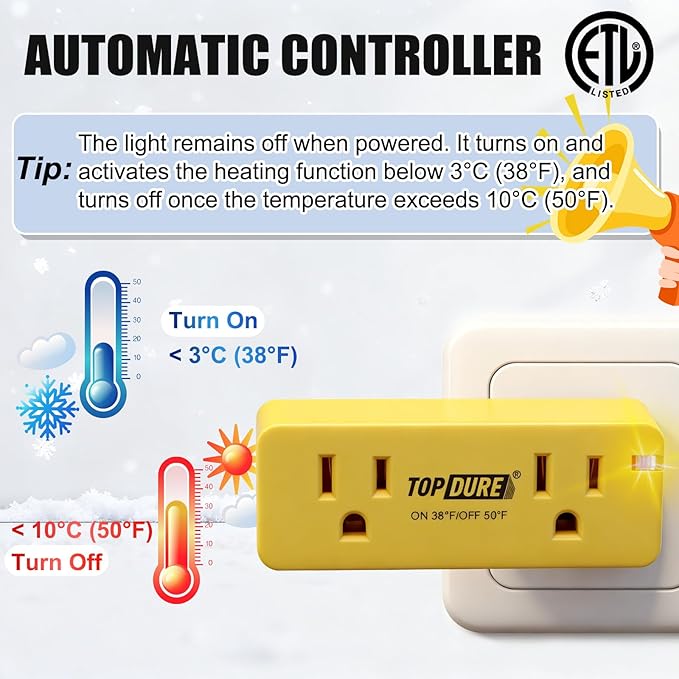 Thermostat Plug Outlet for Heat Cables, Temperature Controlled Outlet with Auto On at 38℉/Off at 50℉