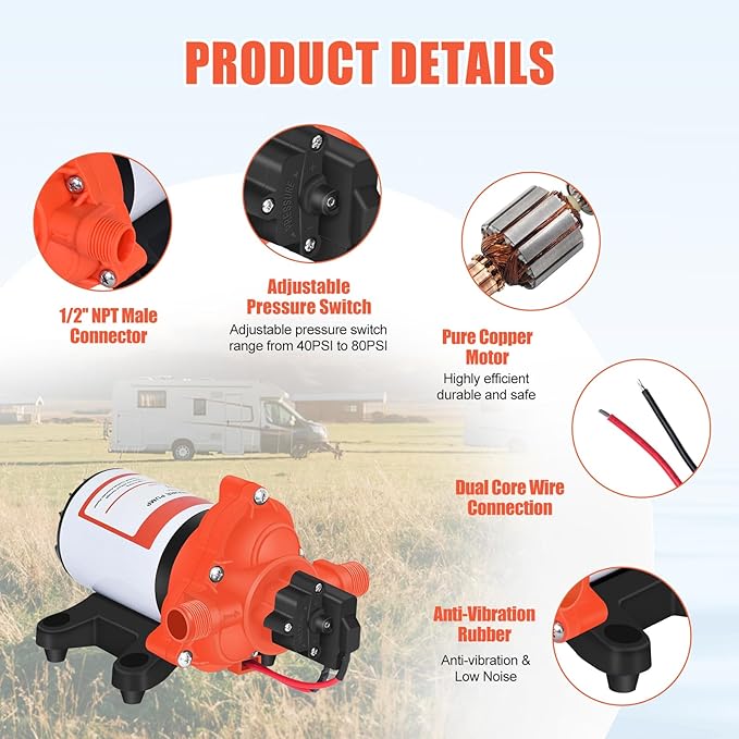 DC 12V RV Water Pump 3.5GPM 45PSI, 12 Volt On Demand Water Pressure Pump with Pressure Switch Quiet Self-priming Portable Diaphragm Pump for RV Camper Marine Garden Yacht Boats irrigation Rain Barrel
