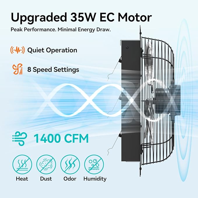 addlon 14 Inch Shutter Exhaust Fan Wall Mounted with 35W EC Motors and Remote, 1400CFM, Timer, 8 Speeds, Low Noise, Easy to Install, Plug in Ventilation Fan for Garages,Greenhouse, Attic, Chicken Coop