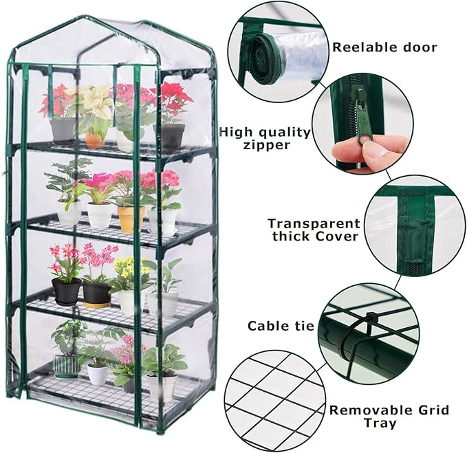Purlyu Mini Greenhouse for Indoor Outdoor, Plant Green House 4-Tier Rack Stand Portable Greenhouses with Durable PVC Cover for Seedling, 2.5x1.6x5.2 FT,Ideal Gardening Gifts for Women Men(PLGH704P)