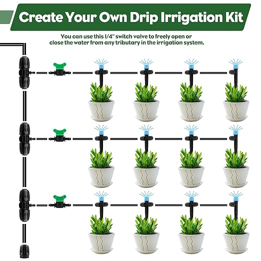 Kalolary 1/4" Drip Irrigation Valves, 30PCS Drip Line Barbed Valves Fittings Garden Shut Off Switch Valve for 4/7mm Tube Water Flow Control Drip Line Parts Cut Off Valve for Watering System (Green)