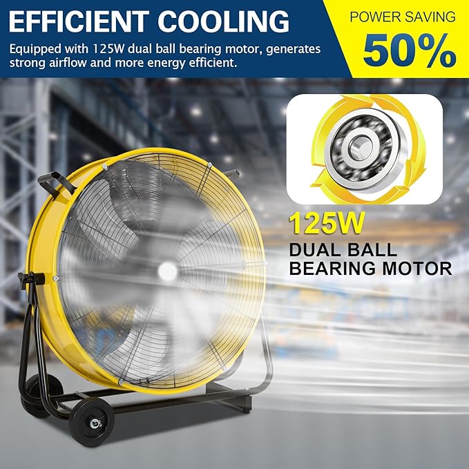 BILT HARD 24" Industrial Drum Fan With DC Motor, Ultra Quiet, 7800 CFM, Heavy Duty Tilt Metal Drum Fan for Garage, Warehouse, Workshops, Factory and Basement, UL Safety Listed