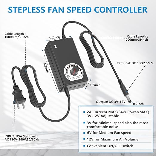 IP67 Waterproof Small 12V Variable Speed Computer Fan with AC Plug, KEYFANCLUB 110V 120V 220V AC Powered Ventilation Exhaust Fan for Receiver Terrarium Biltong Box Grow Tent Cabinet Cooling