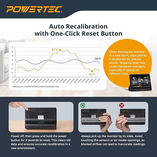 POWERTEC AD1001 Air Quality Monitor with 7” LCD Display – Multi-Sensor CO₂, PM2.5, PM10, HCHO, TVOC Detector, NDIR Sensors, Rechargeable Indoor/Workshop Air Monitor