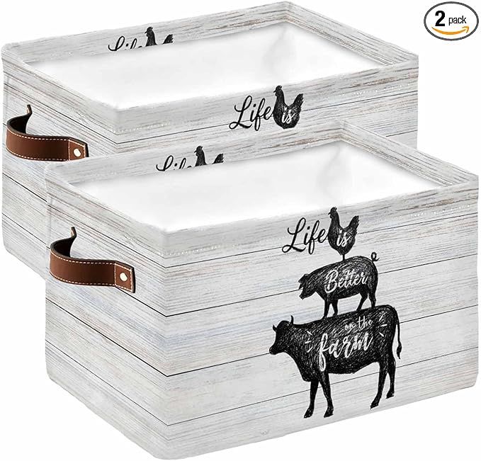Farm Animals Storage Bins Cubes Waterproof Cloth Storage Basket, Chicken Pig Cattle Rustic Retro Wooden Board Foldable Storage Bags for Shelf Closet Clothes Organizers with Handles 15x11x9.5 in 2PCS