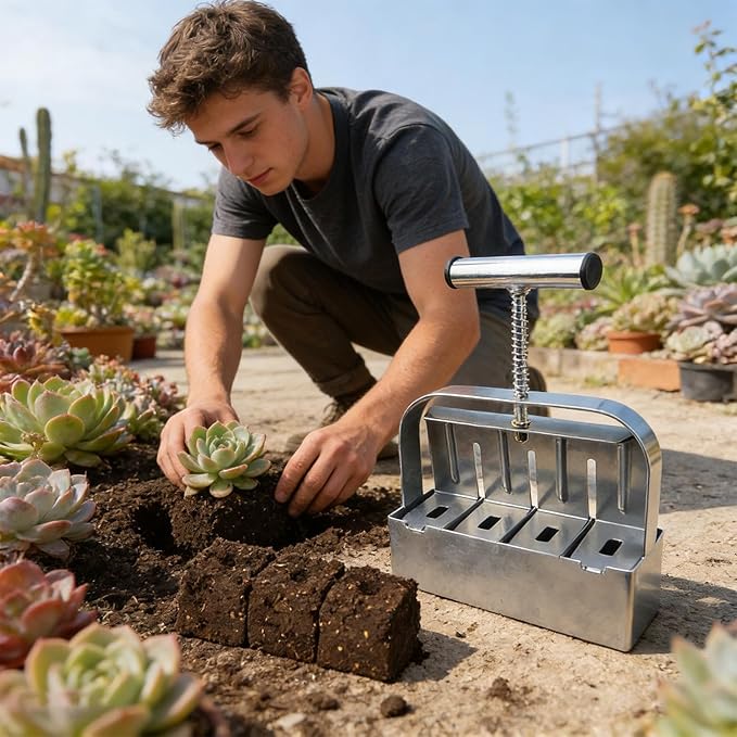 Soil Blocking Tool - Manual 4 Cell Steel Compactor, Ergonomic Non Slip Handle Block Former | 2 Inch Seed Starter Handheld Press Device, Heavy Duty Gardening Equipment for Transplanting Cutting