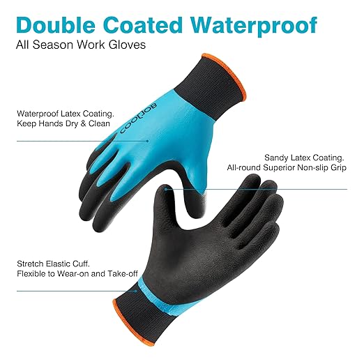 COOLJOB Waterproof Gardening Work Gloves with grip for Women & Men, Double Rubber Coated for Garden Yard Outdoor Construction Worker, Blue Large Size 2 Pairs