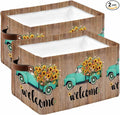 Country Sunflowers Storage Bins Cubes Waterproof Cloth Storage Basket, Welcome Rustic Truck Floral Farm Brown Foldable Storage Bags for Shelf Closet Clothes Organizers with Handles 15x11x9.5 in 2PCS