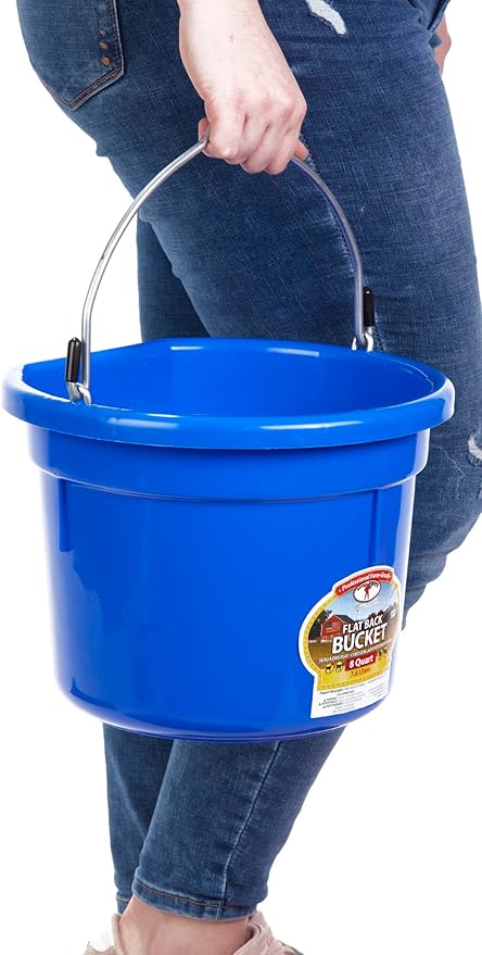 Little Giant® Flat Back Plastic Animal Feed Bucket | Animal Feed Bucket with Metal Handle | Horse Stall Feeding and Watering Supplies (Blue, 8 Quart)