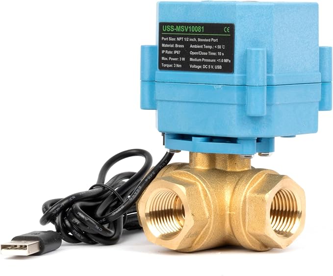 U.S. Solid WiFi Smart Motorized Ball Valve 1/2 inch NPT for Water Control & Irrigation, 3 Way Brass Electric Valve, USB Powered, LED Status Indicator, Flow Direction Window, Remote On/Off Control